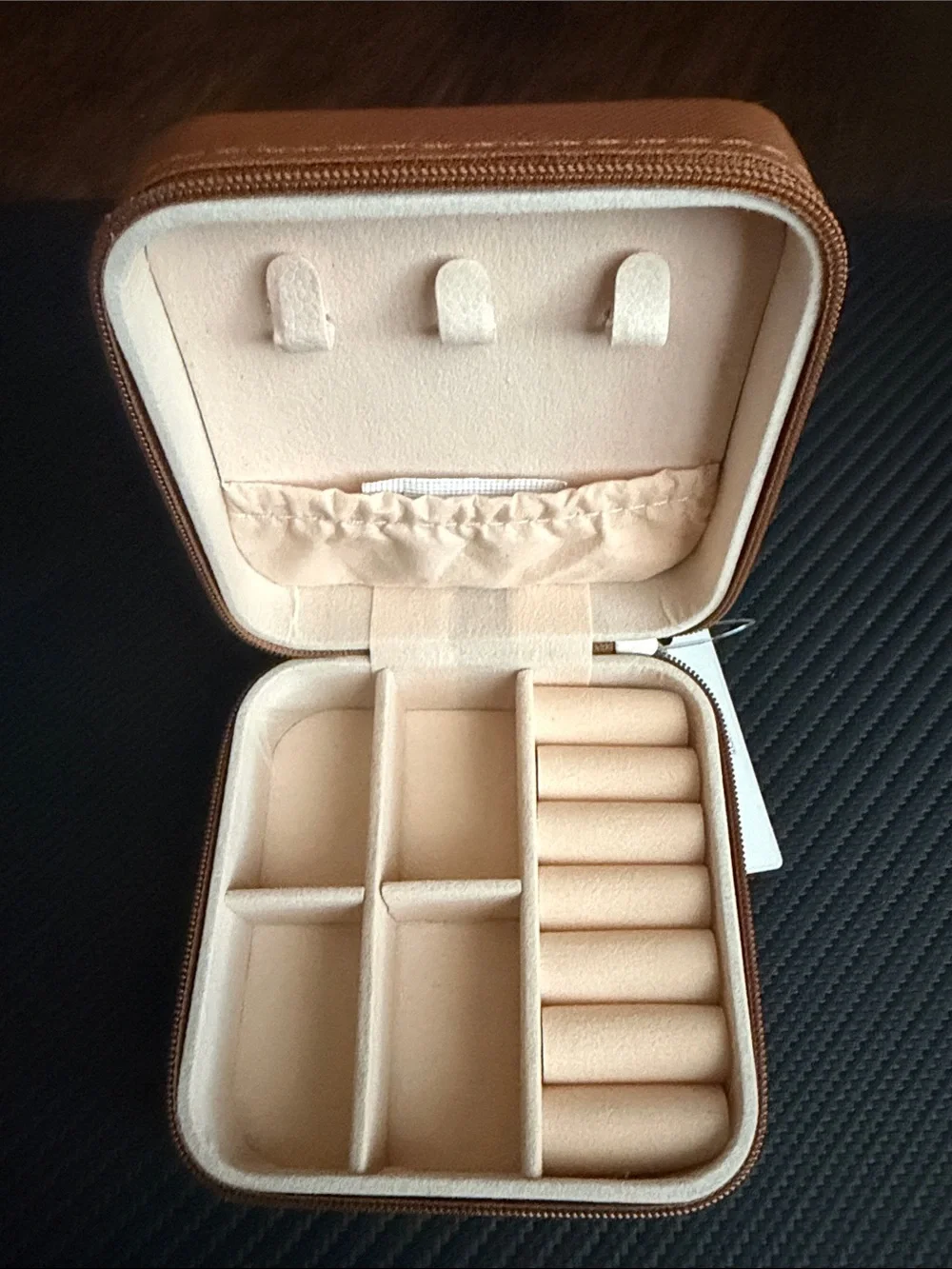 Brown Faux Leather Mini Jewelry Box with Turquoise Studs and Checker Spade Desig